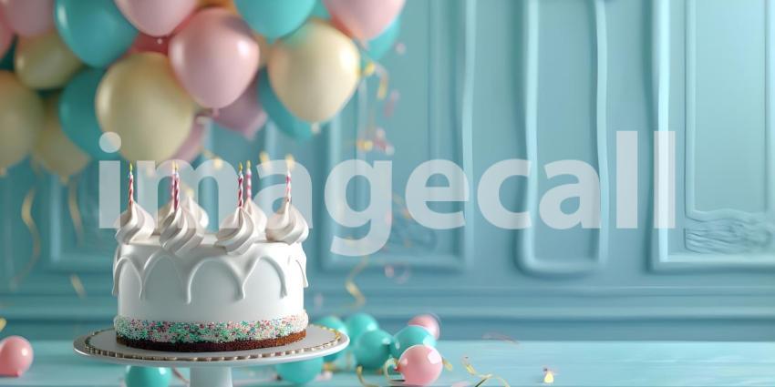 Birthday party balloons with cake with copy space for text - Ai Generated