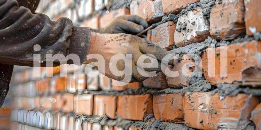 Bricklayer worker installing brick masonry on exterior wall background - Ai Generated