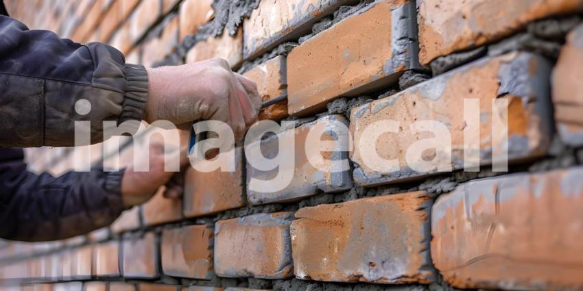 Bricklayer worker installing brick masonry on exterior wall background - Ai Generated