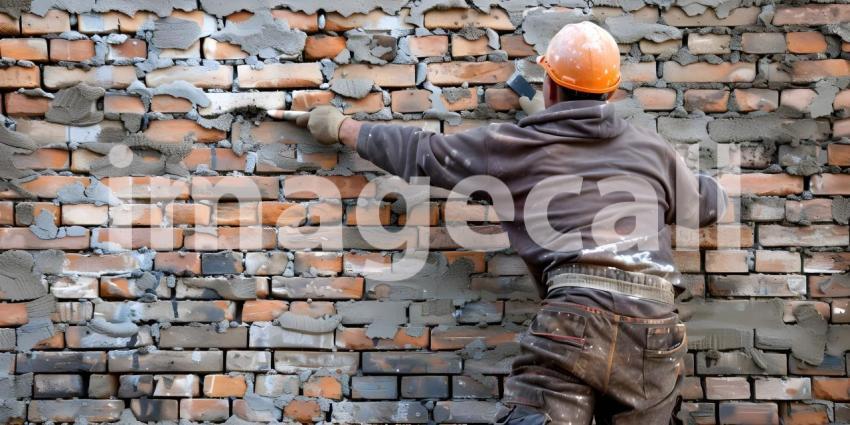 Bricklayer worker installing brick masonry on exterior wall background - Ai Generated