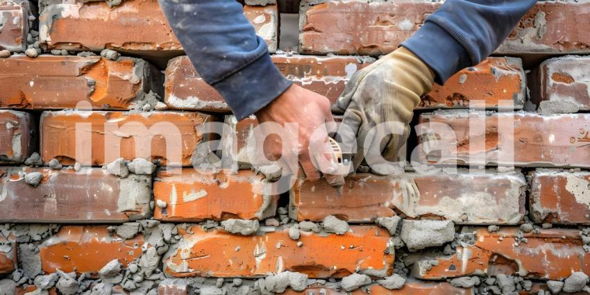 Bricklayer worker installing brick masonry on exterior wall background - Ai Generated