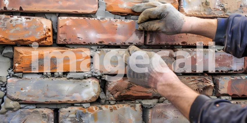 Bricklayer worker installing brick masonry on exterior wall background - Ai Generated