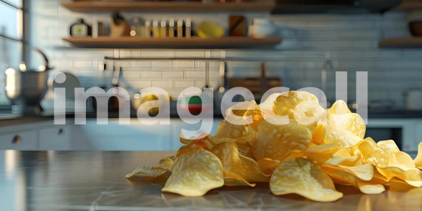 Crispy potato chips in Kitchen background - Ai Generated