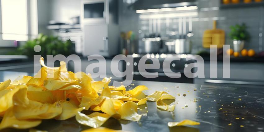 Crispy potato chips in Kitchen background - Ai Generated