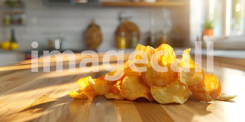 Crispy potato chips in Kitchen background - Ai Generated