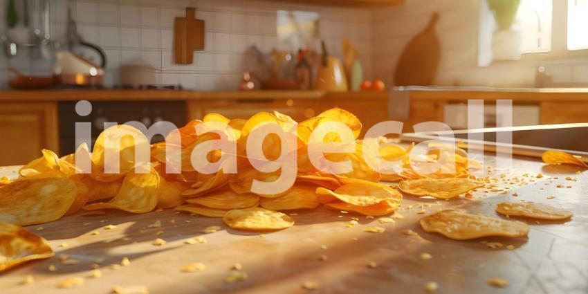 Crispy potato chips in Kitchen background - Ai Generated