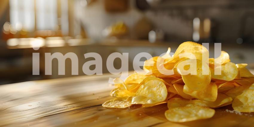Crispy potato chips in Kitchen background - Ai Generated