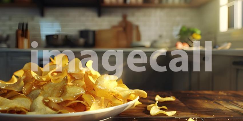 Crispy potato chips in Kitchen background - Ai Generated
