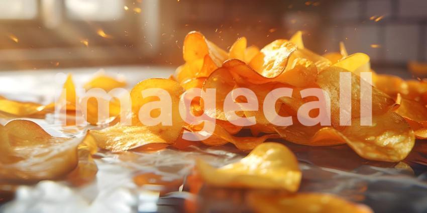 Crispy potato chips in Kitchen background - Ai Generated