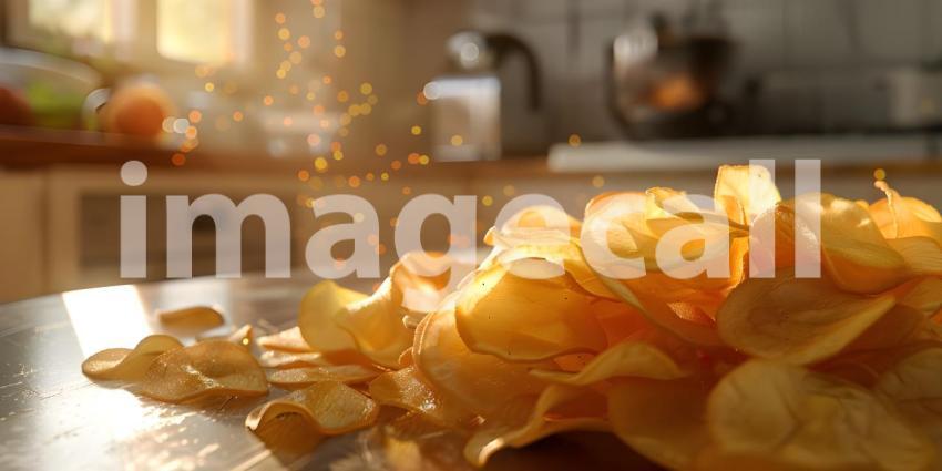 Crispy potato chips in Kitchen background - Ai Generated