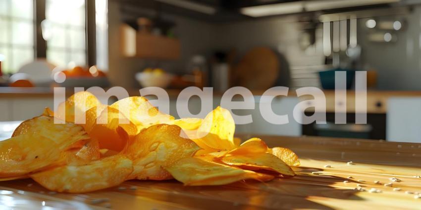 Crispy potato chips in Kitchen background - Ai Generated