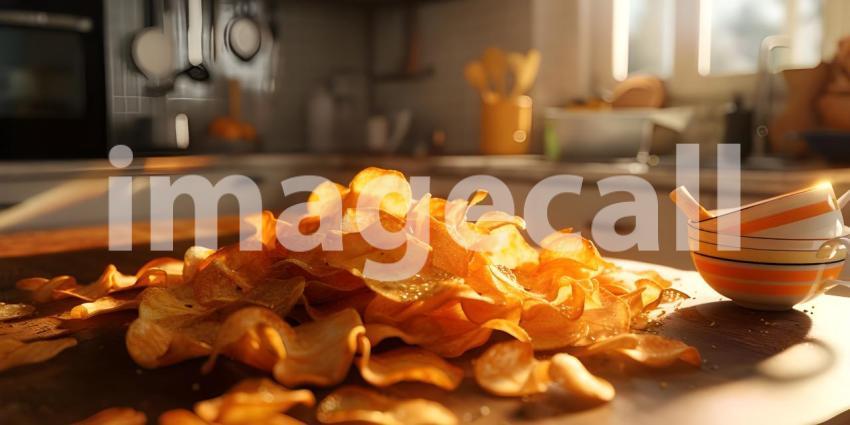 Crispy potato chips in Kitchen background - Ai Generated