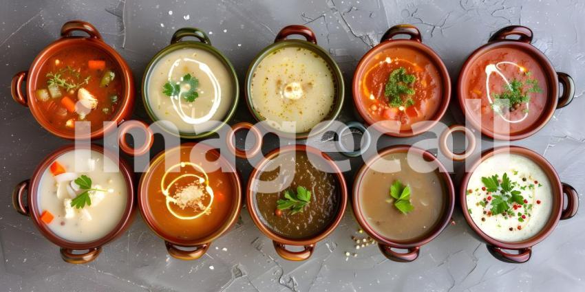 Different Kind of Soups in a different bowls top view - Ai Generated