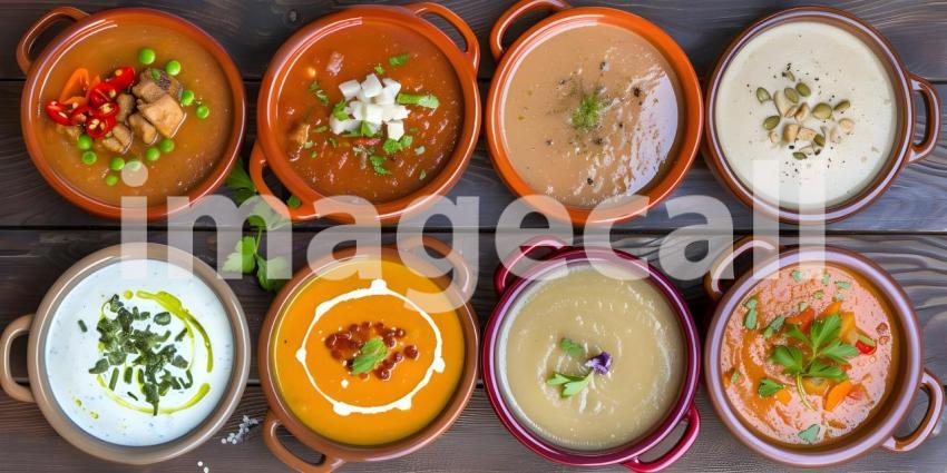 Different Kind of Soups in a different bowls top view - Ai Generated