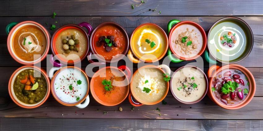 Different Kind of Soups in a different bowls top view - Ai Generated