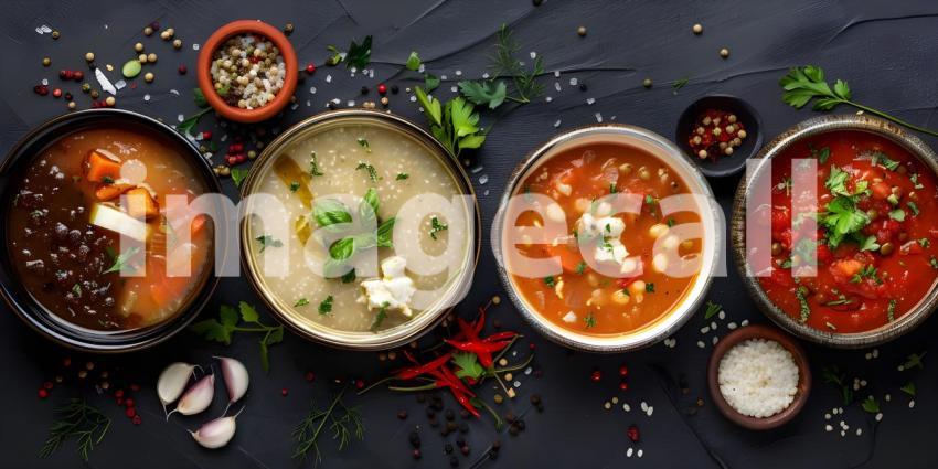 Different Kind of Soups in a different bowls top view - Ai Generated