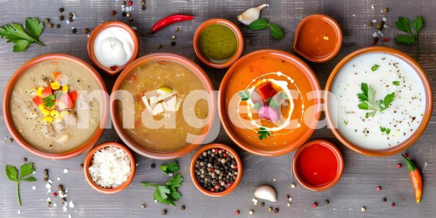 Different Kind of Soups in a different bowls top view - Ai Generated