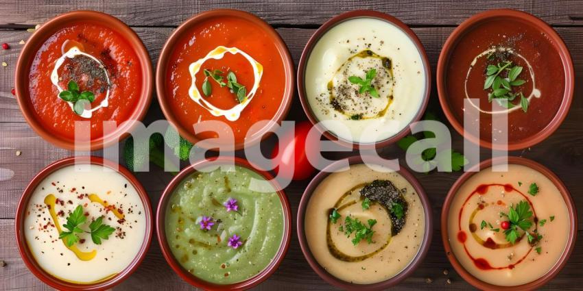 Different Kind of Soups in a different bowls top view - Ai Generated