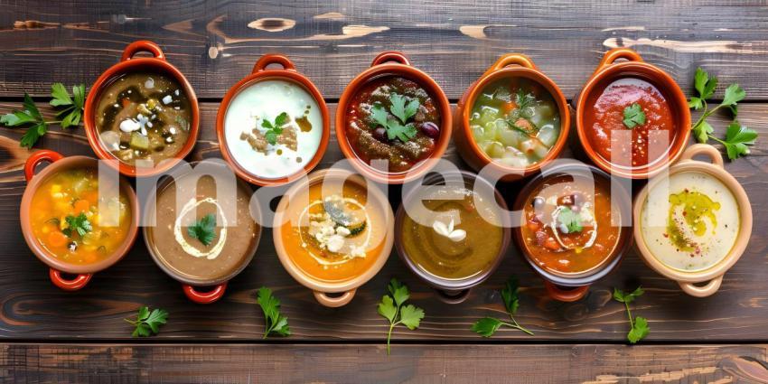 Different Kind of Soups in a different bowls top view - Ai Generated