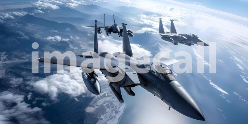 Fighter Jets Soaring in the Sky, Airborne Fighter Jets Scene, Aerial Background with Fighter Jets - Ai Generated