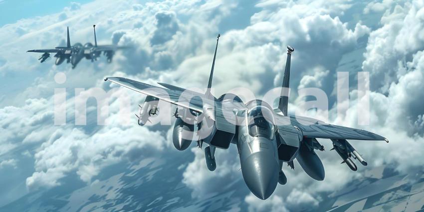 Fighter Jets Soaring in the Sky, Airborne Fighter Jets Scene, Aerial Background with Fighter Jets - Ai Generated