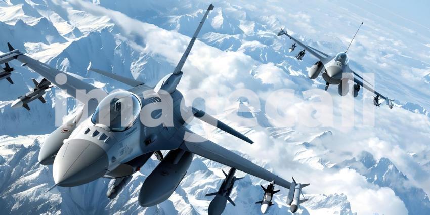 Fighter Jets Soaring in the Sky, Airborne Fighter Jets Scene, Aerial Background with Fighter Jets - Ai Generated