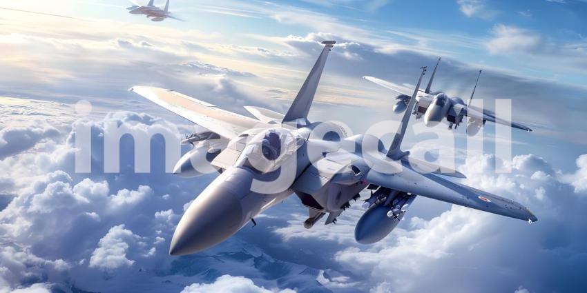 Fighter Jets Soaring in the Sky, Airborne Fighter Jets Scene, Aerial Background with Fighter Jets - Ai Generated
