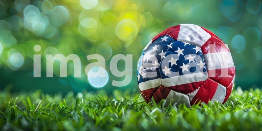 Football with the national flag of united states of America on grass background - Ai generated