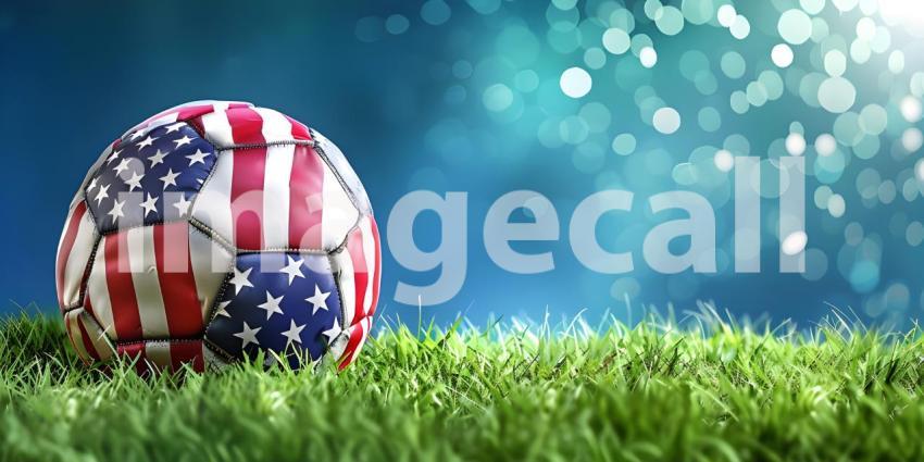 Football with the national flag of united states of America on grass background - Ai generated