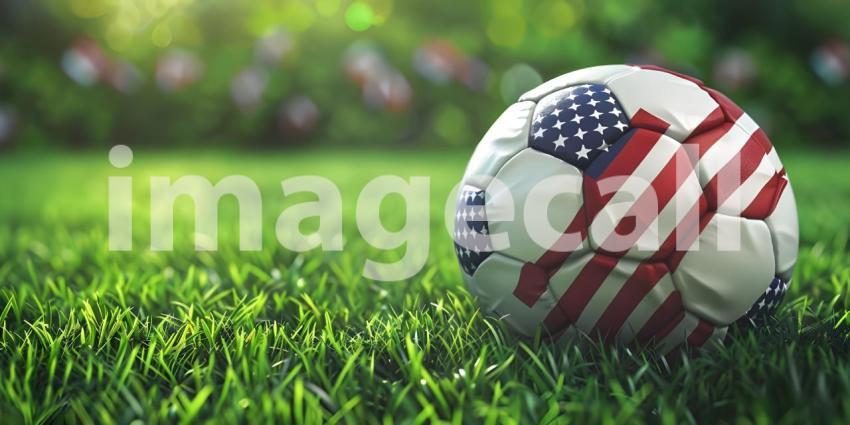 Football with the national flag of united states of America on grass background - Ai generated
