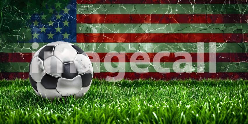 Football with the national flag of united states of America on grass background - Ai generated