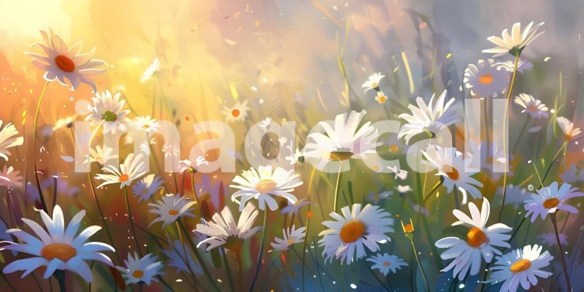 Whimsical Daisies flowers background, Dreamy Daisy Flower Field Scene, Charming Daisy Floral Fantasy - Ai Generated