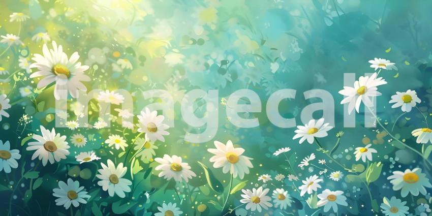 Whimsical Daisies flowers background, Dreamy Daisy Flower Field Scene, Charming Daisy Floral Fantasy - Ai Generated