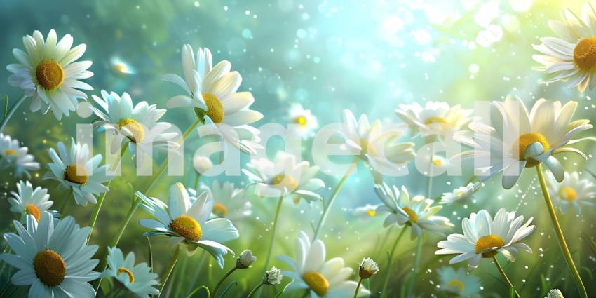 Whimsical Daisies flowers background, Dreamy Daisy Flower Field Scene, Charming Daisy Floral Fantasy - Ai Generated