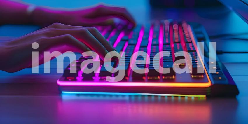 Working on a neon computer keyboard with colored backlighting background - Ai Generated