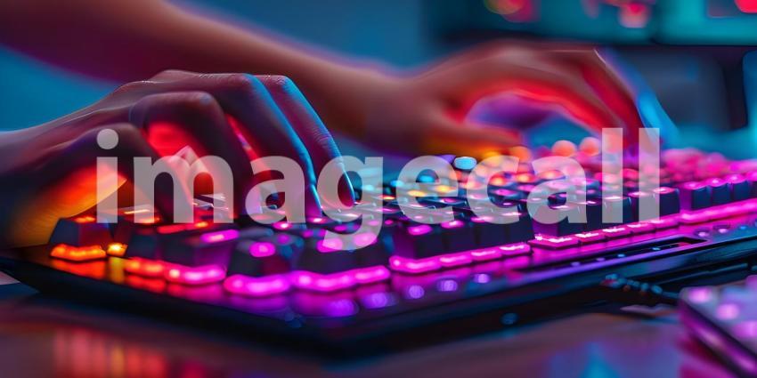 Working on a neon computer keyboard with colored backlighting background - Ai Generated
