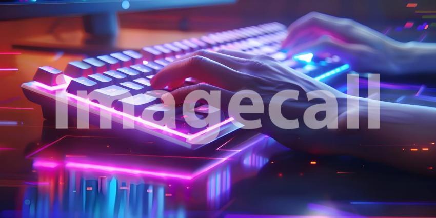 Working on a neon computer keyboard with colored backlighting background - Ai Generated