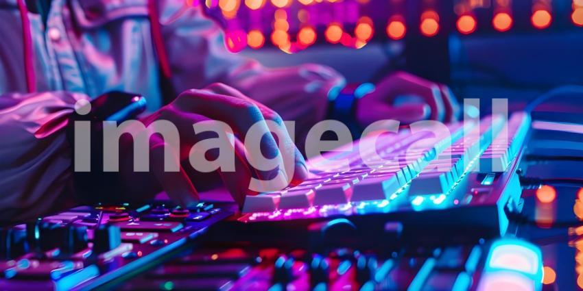 Working on a neon computer keyboard with colored backlighting background - Ai Generated