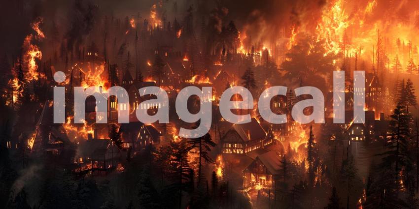 Burning village in the evening burning forest background - Ai Generated