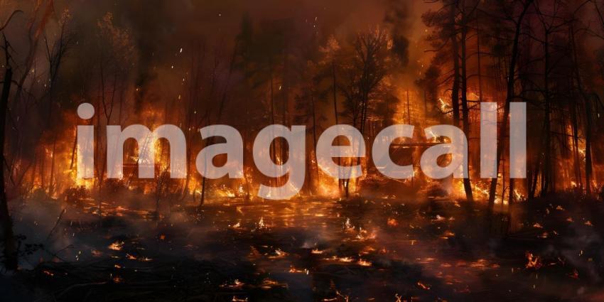 Burning village in the evening burning forest background - Ai Generated