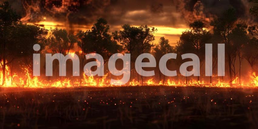 Burning village in the evening burning forest background - Ai Generated