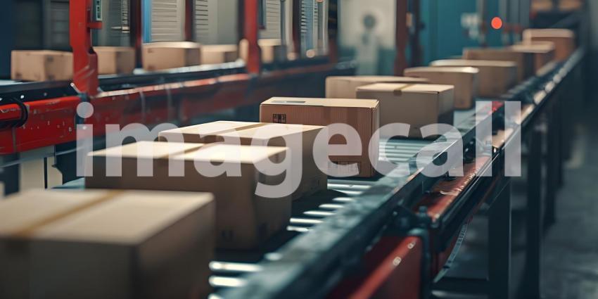 Multiple cardboard box packages seamlessly moving along a conveyor belt in a warehouse