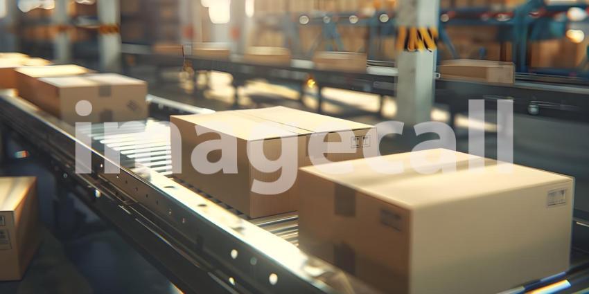 Multiple cardboard box packages seamlessly moving along a conveyor belt in a warehouse