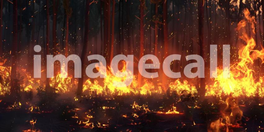 Burning village in the evening burning forest background - Ai Generated