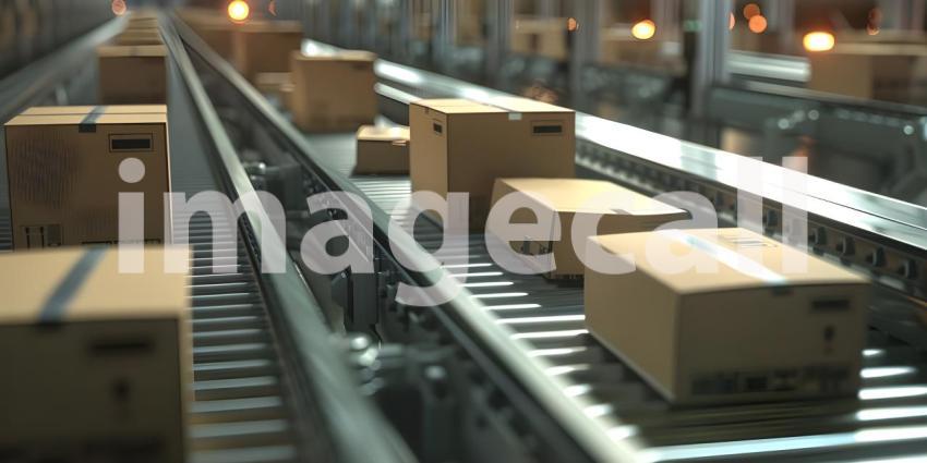 Multiple cardboard box packages seamlessly moving along a conveyor belt in a warehouse