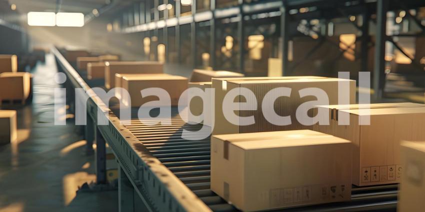 Multiple cardboard box packages seamlessly moving along a conveyor belt in a warehouse