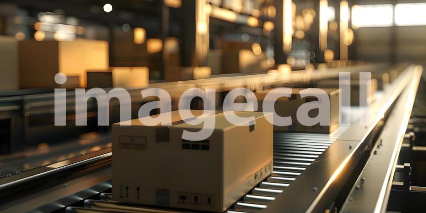 Multiple cardboard box packages seamlessly moving along a conveyor belt in a warehouse