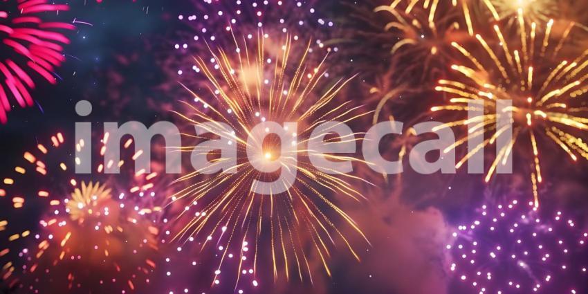 Vibrant Fireworks Display Scene, Colorful Firework Burst Backdrop, Dynamic Firework Celebration Background - Ai Generated