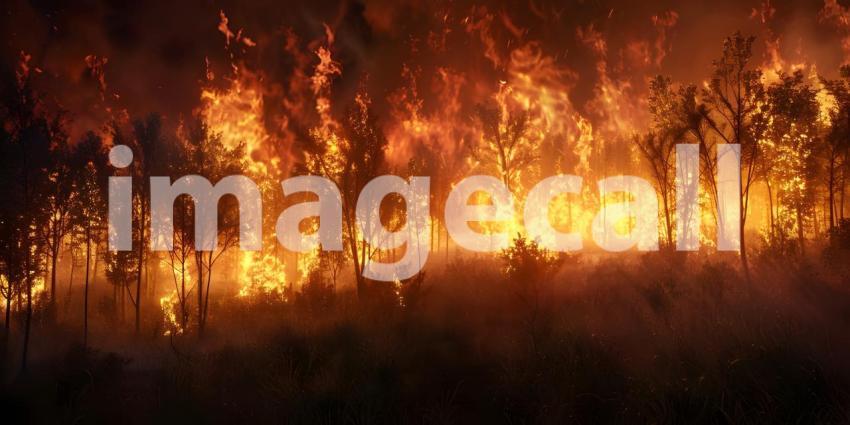 Burning village in the evening burning forest background - Ai Generated