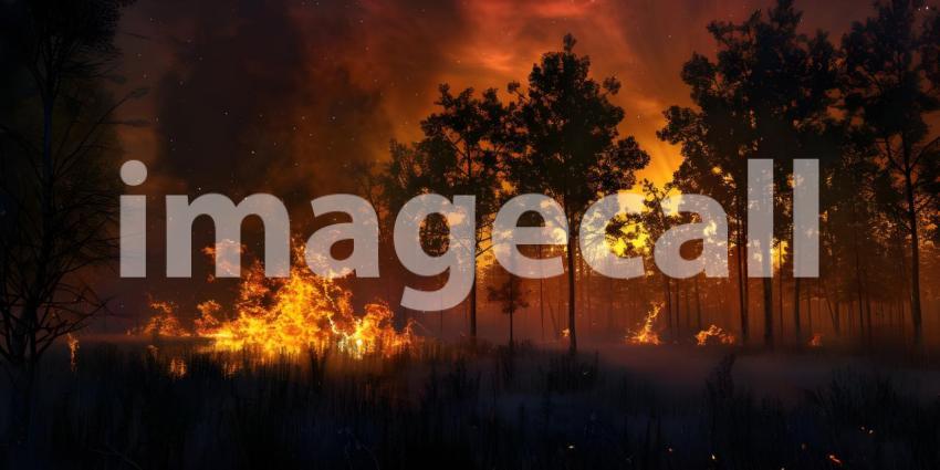 Burning village in the evening burning forest background - Ai Generated